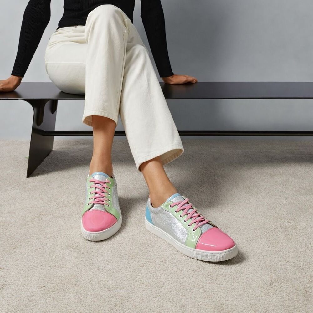 CHRISTIAN LOUBOUTIN Fun Viera Pink Glitter Low Top Sneakers Size 40 Lace Up - Picture 2 of 14